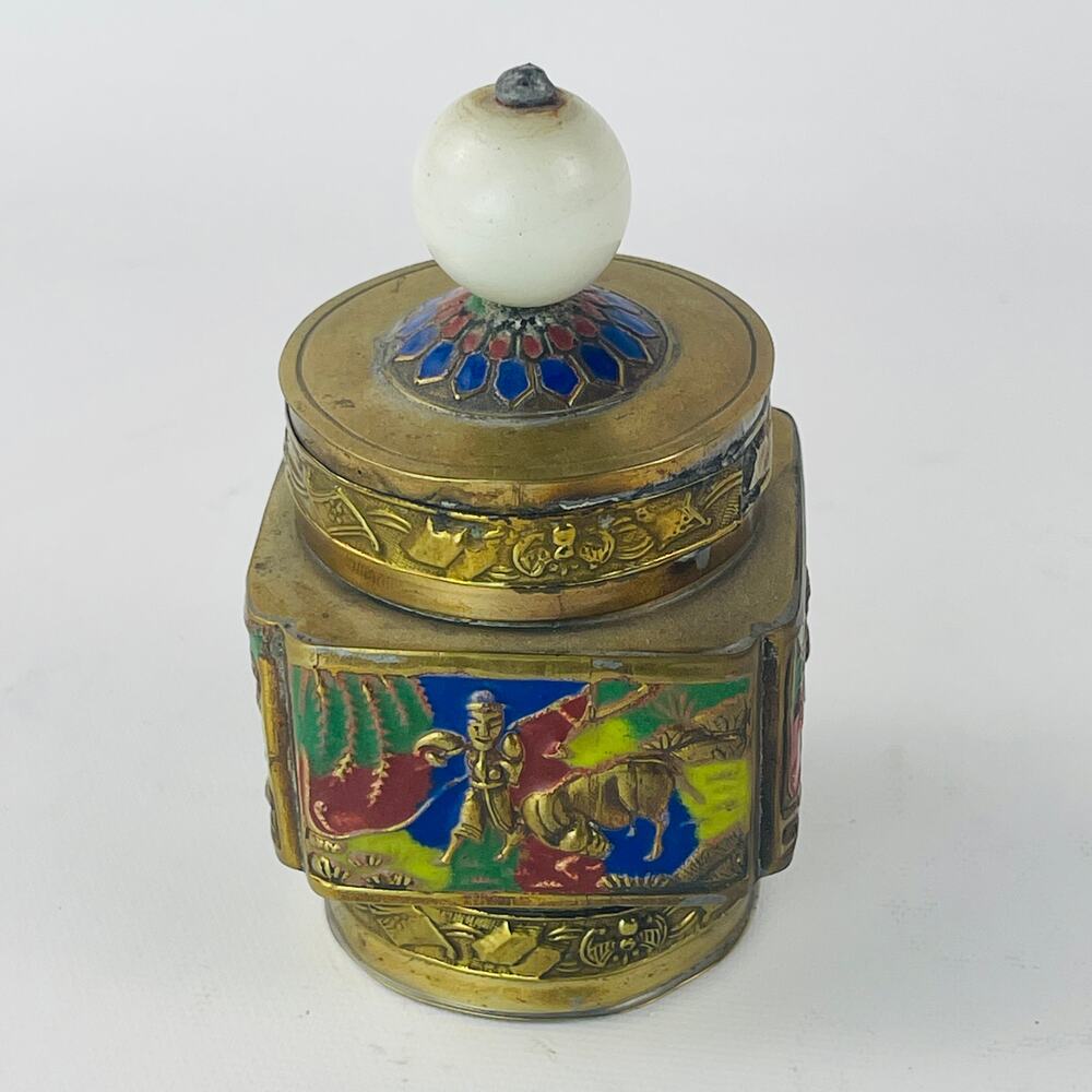 Vintage Brass Enameled Snuff Jar / Stash Box 4 1/8” x 2 1/4”